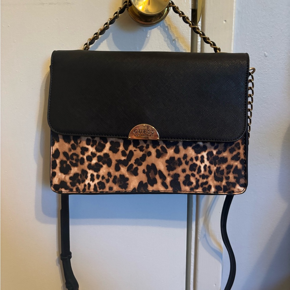 Guess Black and Brown Crossbody Bag with Leopard Print
